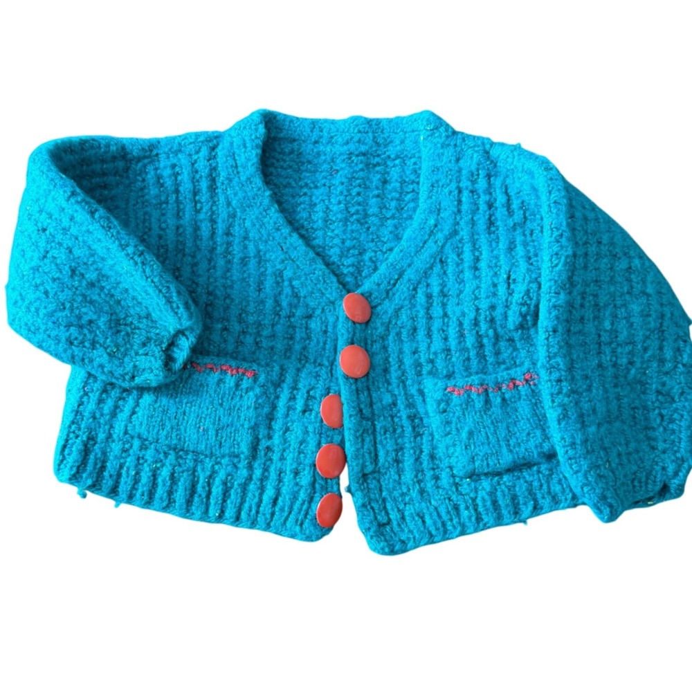 Vintage Handmade Kids‎ Teal Blue Knit Chunky Cardigan Sweater Orange Buttons 12M